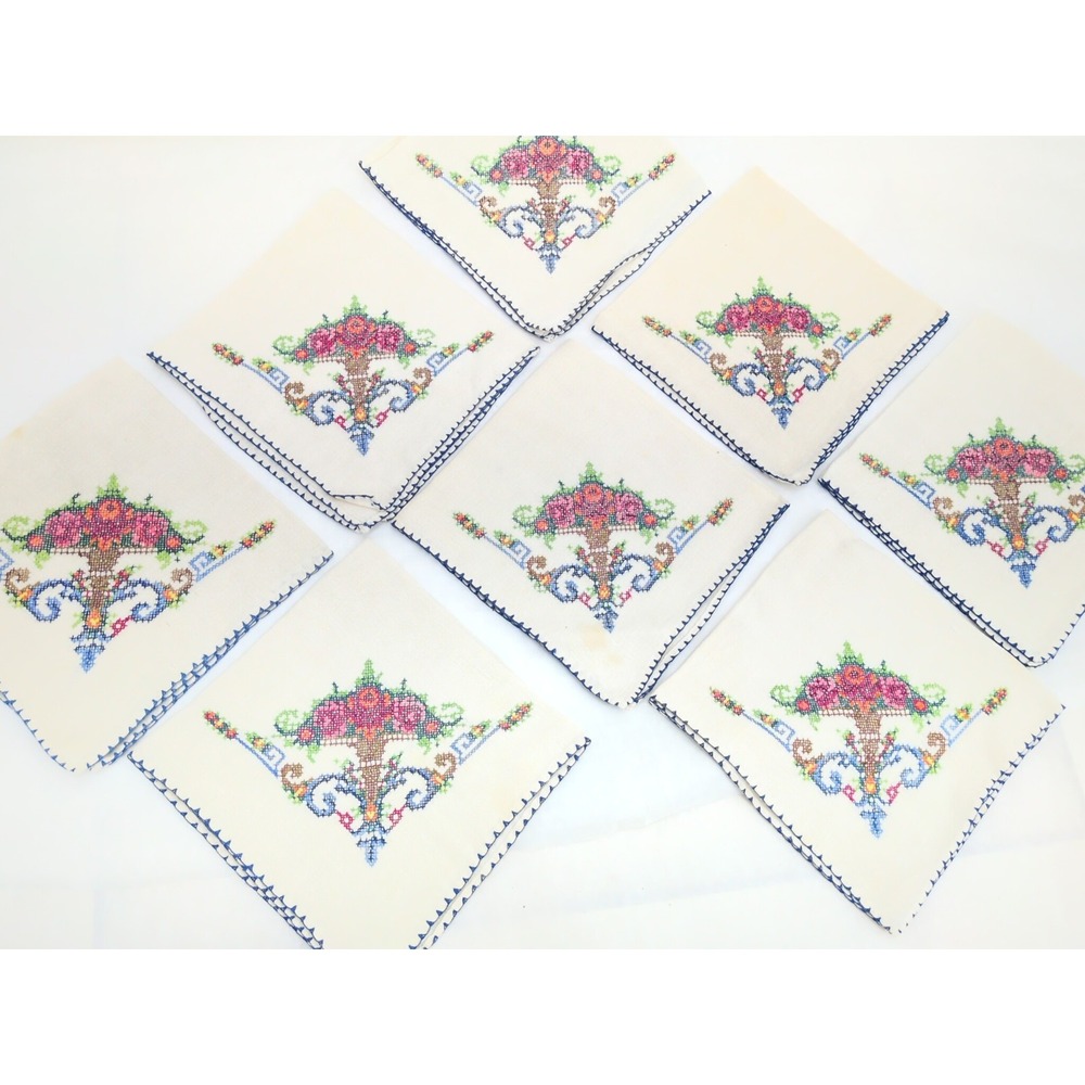 Vtg Set Of 8 Hand Cross Stitched Embroidered Luncheon Napkins 16" X 16" Floral